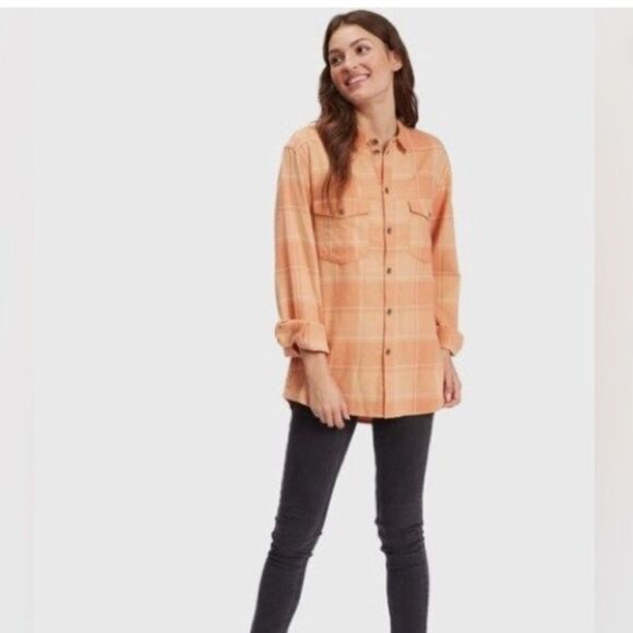 NWT ROXY Turn It Up Check Button Down Shirt Orange White Size Large - Picture 10 of 10